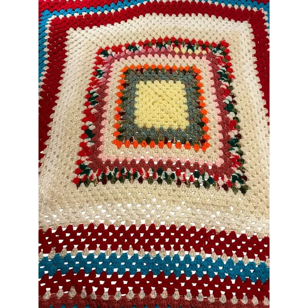 Vtg Crochet Lap Blanket Granny Throw 57”x57”Squares Blocks Multicolor Retro